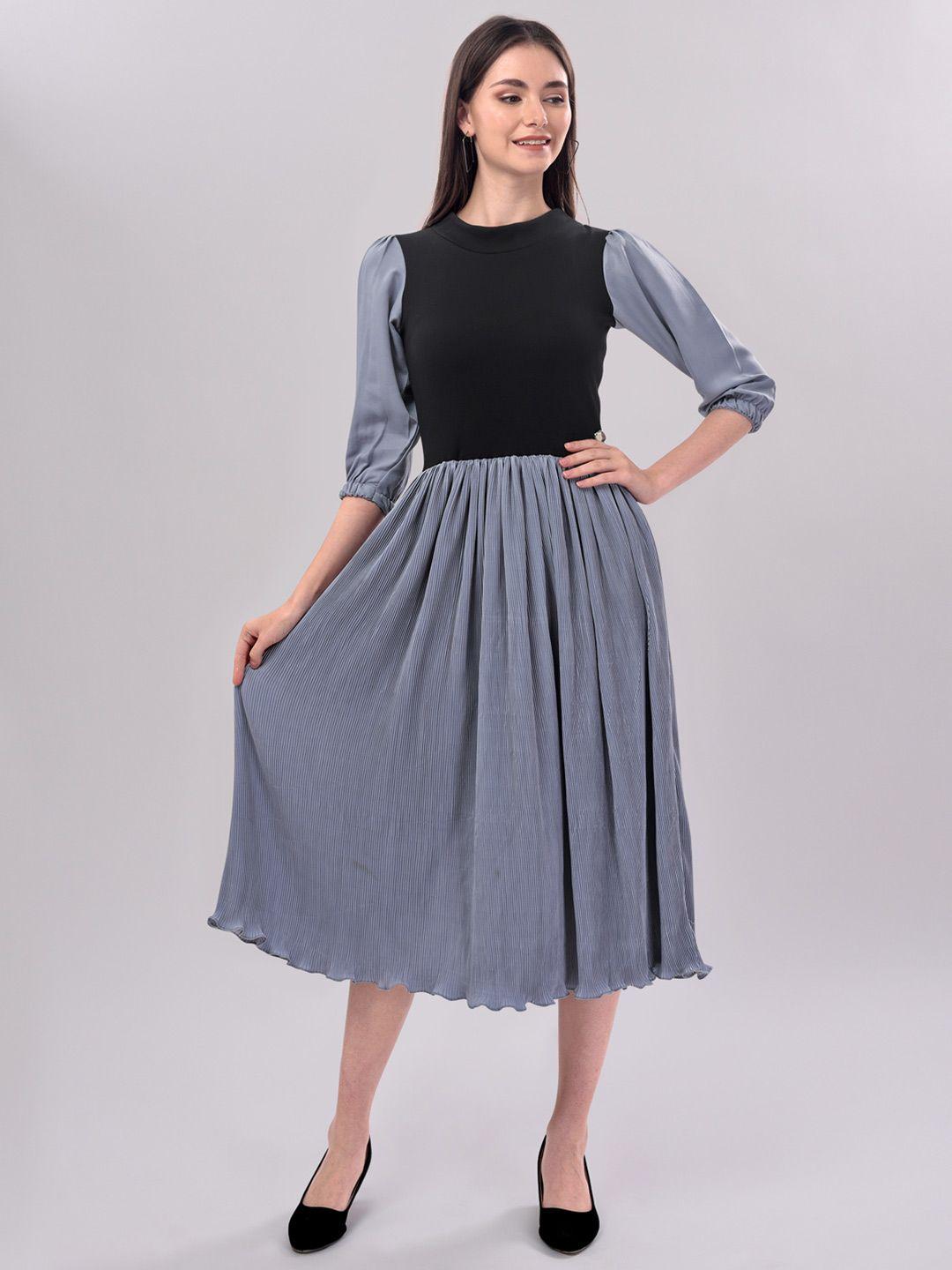 prettify women grey & black fit and flare midi dress