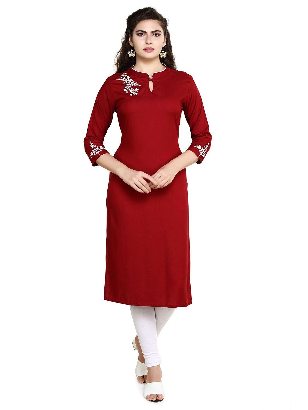 prettify women red & white floral embroidered kurta