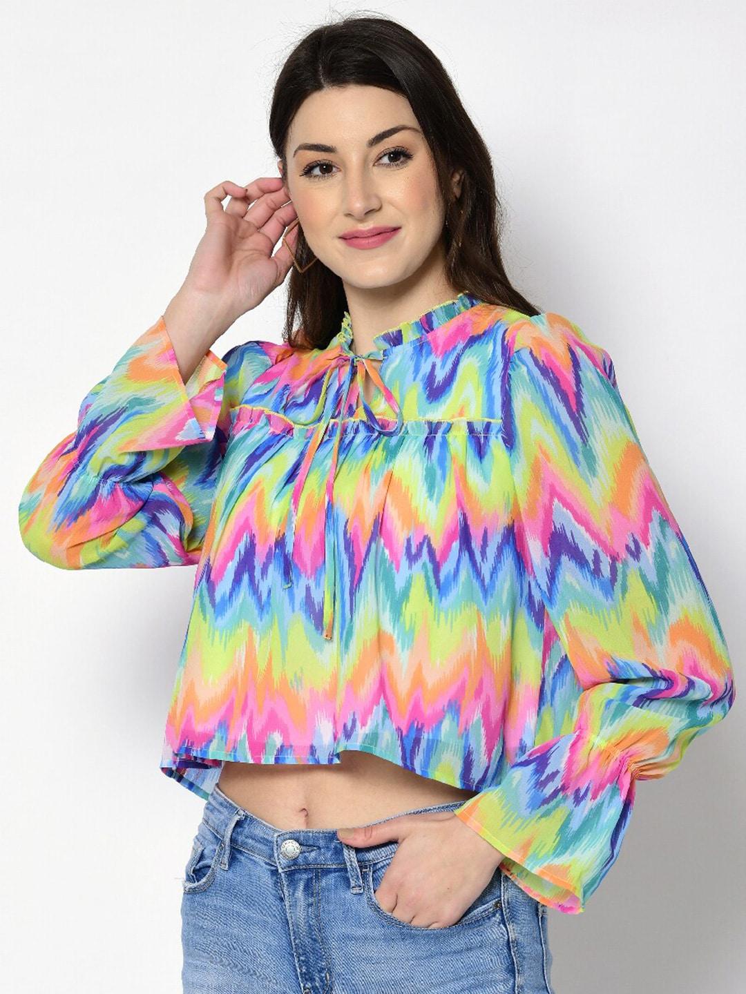 pretty loving thing tie & dye dyed tie-up neck puff sleeve crop top