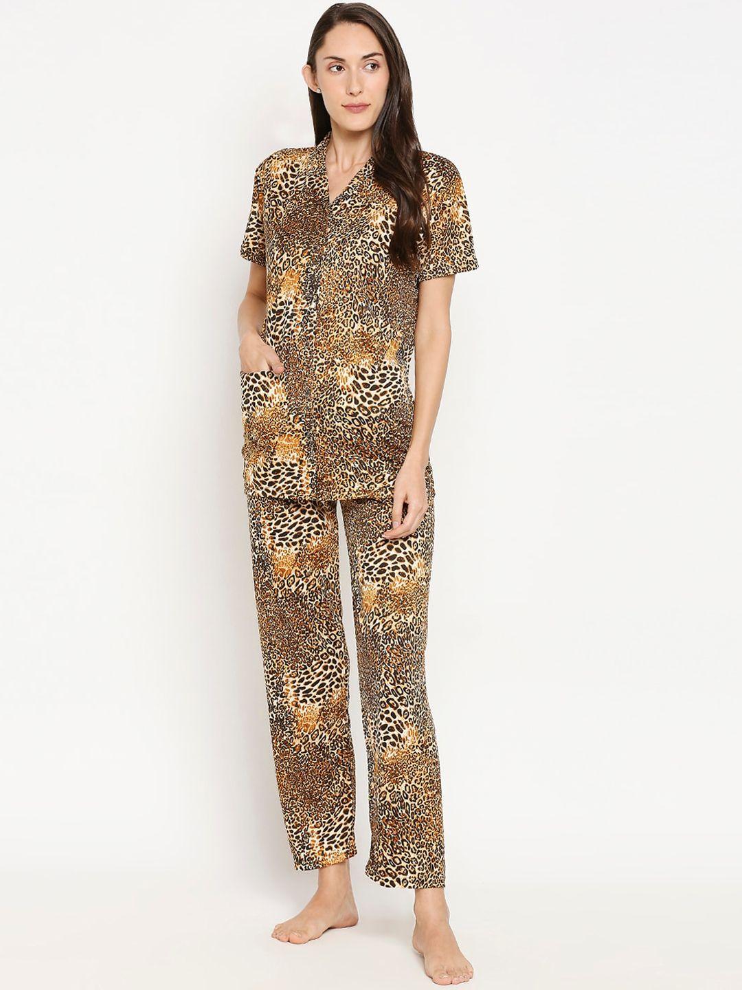pretty awesome women beige & black printed night suit