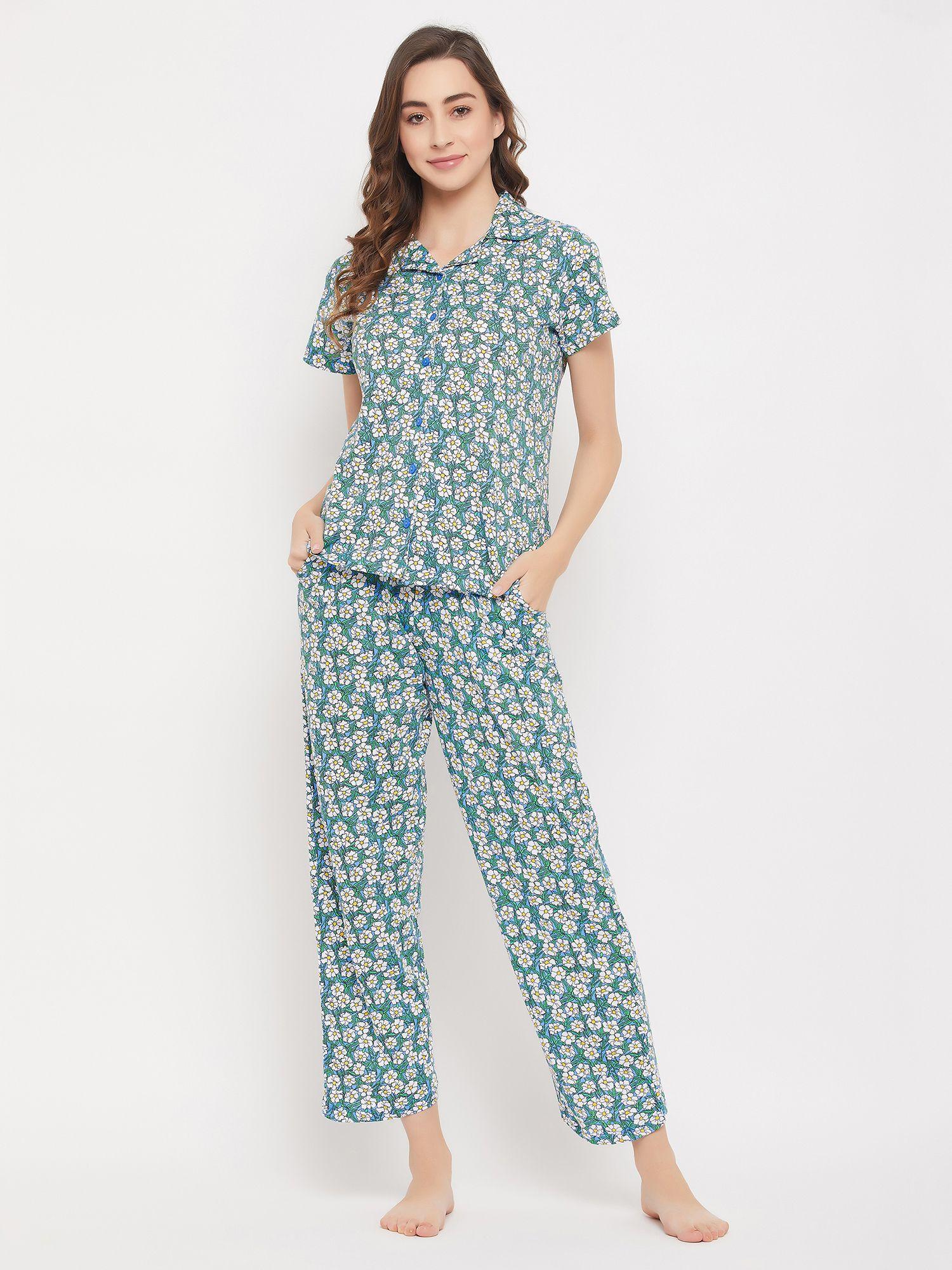 pretty floral button down shirt & pyjama in light blue pure cotton (set of 2)