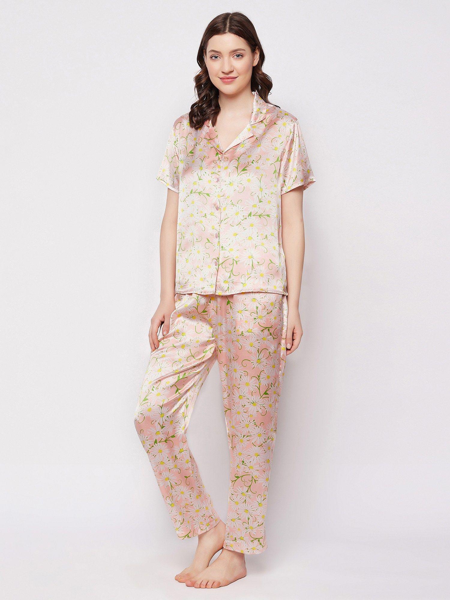 pretty florals button down shirt & pyjama in peach color-satin (set of 2)