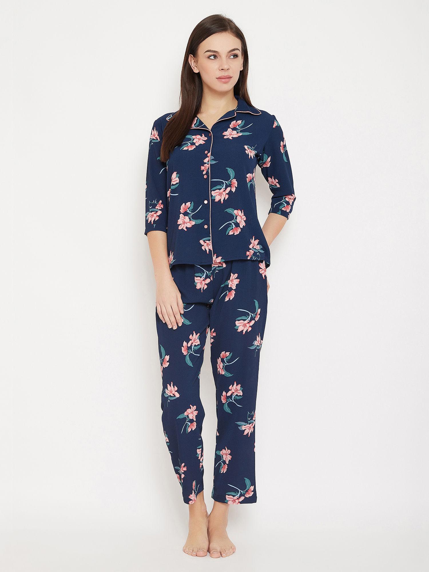 pretty florals button me up shirt & pyjama set - crepe - blue