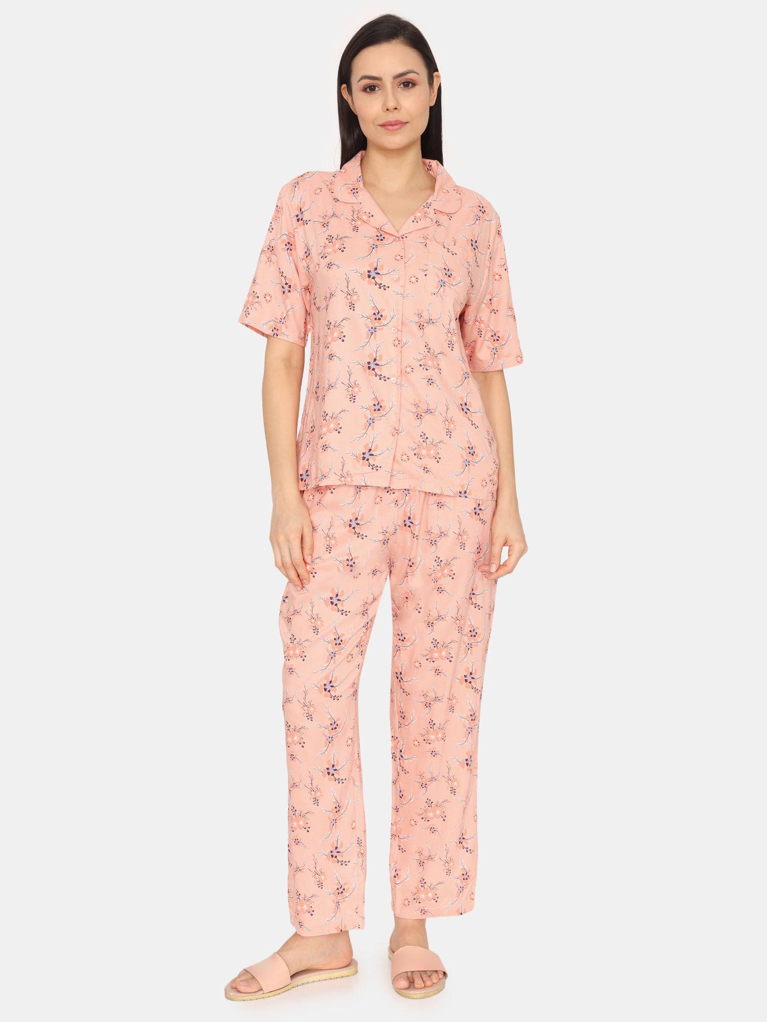 pretty florals printed shirt and pyjama - peach parfait
