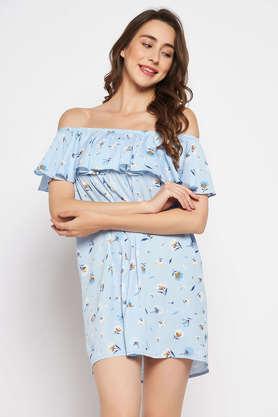 pretty florals resort wear bardot dress in baby blue - crepe - blue