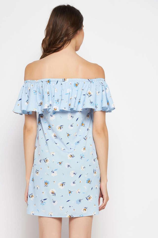 pretty florals resort wear bardot dress in baby blue - crepe