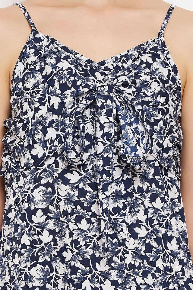 pretty florals resort wear dress in navy - crepe