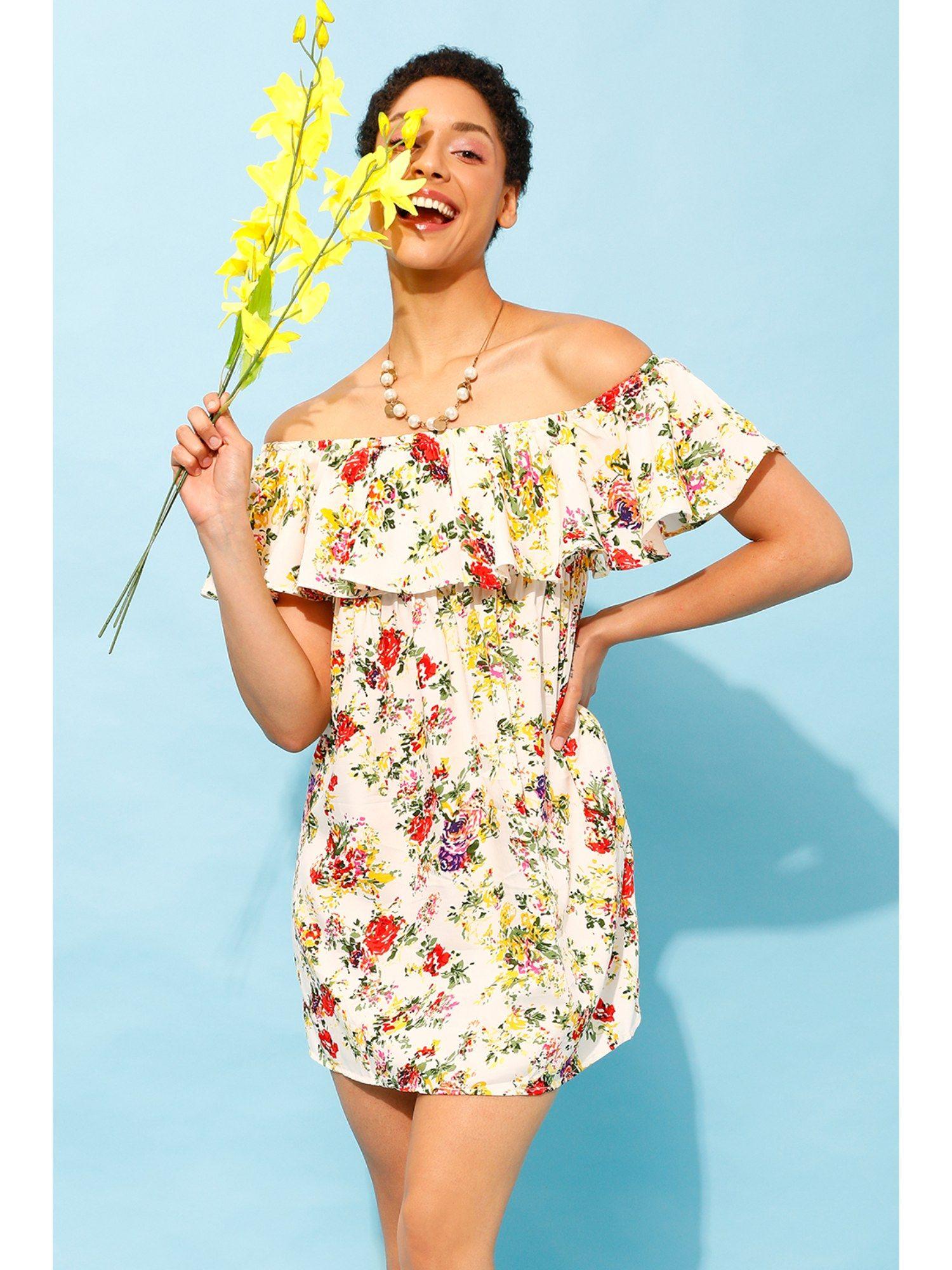 pretty florals resortwear bardot dress in - crepe white