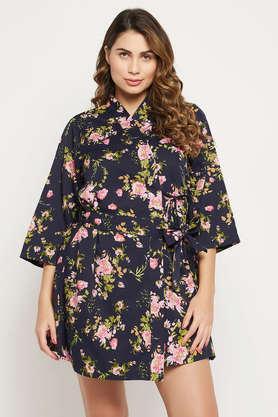pretty florals robe in navy - crepe - blue