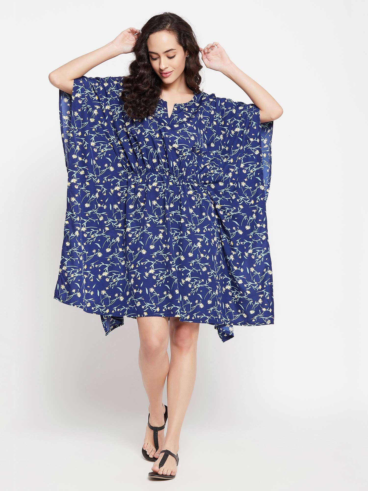 pretty florals short kaftan in dark blue - crepe