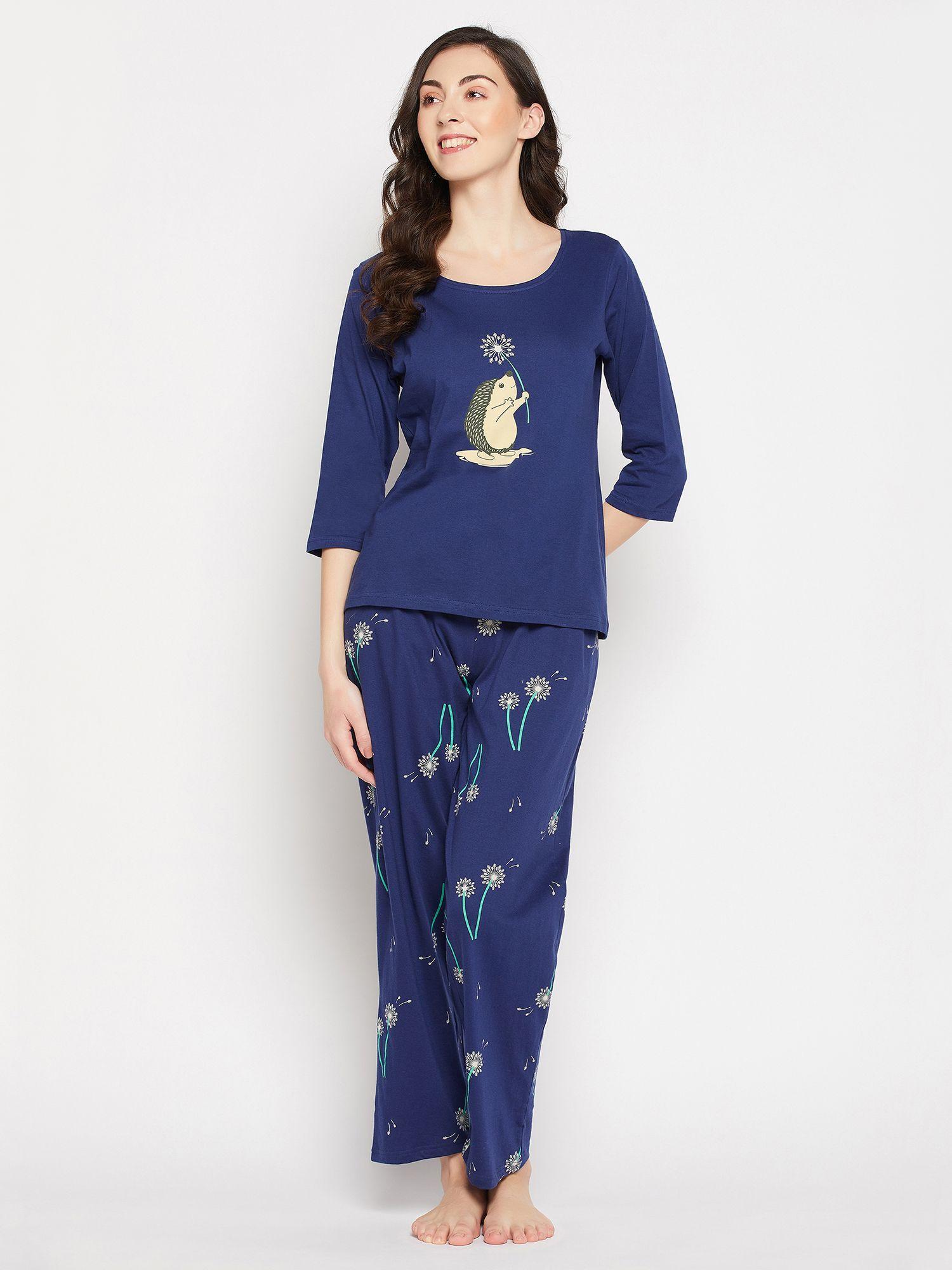 pretty florals top & pyjama set - 100 percent cotton -blue