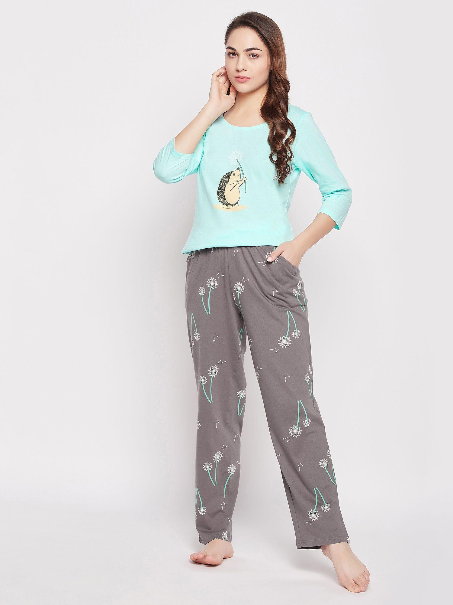 pretty florals top & pyjama set - 100 percent cotton -blue