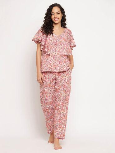pretty florals top & pyjama set in soft pink