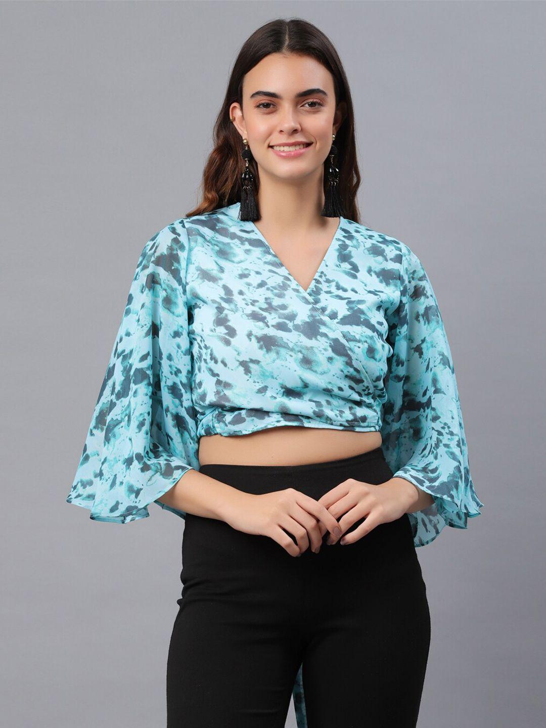 pretty loving thing blue print chiffon wrap crop top