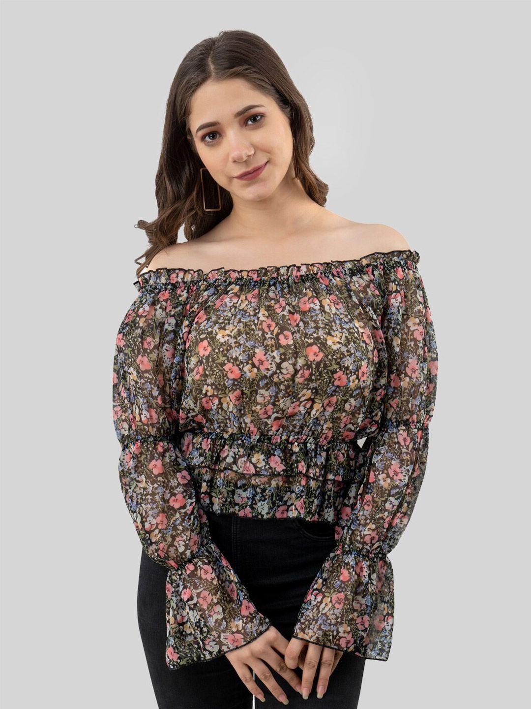 pretty loving thing floral printed off-shoulder bell sleeve chiffon bardot top