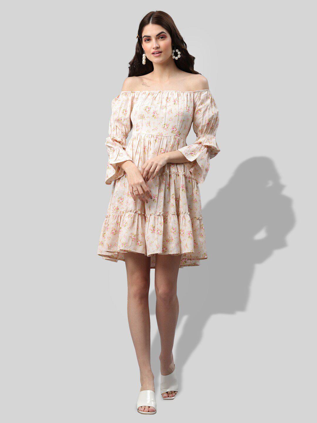 pretty loving thing floral printed off-shoulder bell sleeve fit & flare dress