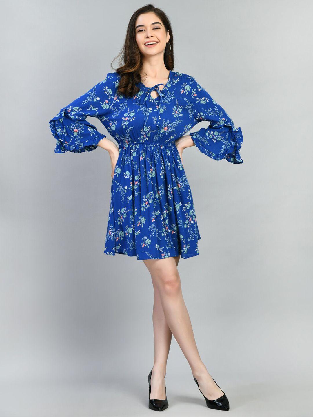 pretty loving thing floral printed tie-up neck chiffon fit & flare dress