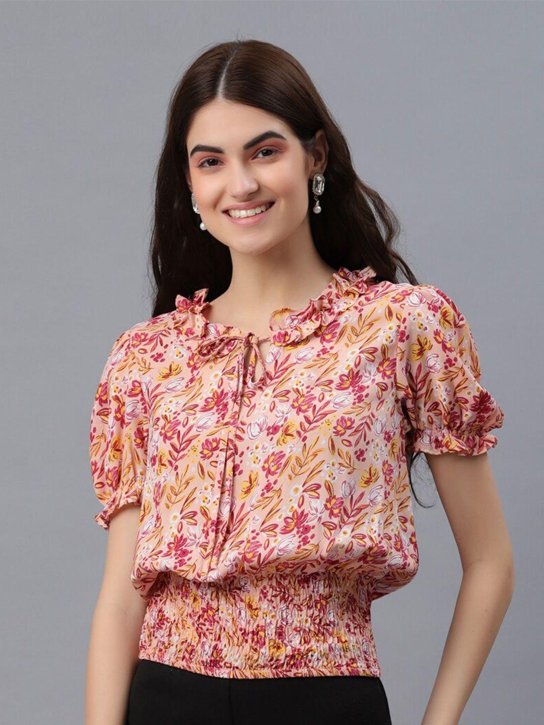 pretty loving thing pink floral print tie-up neck blouson top