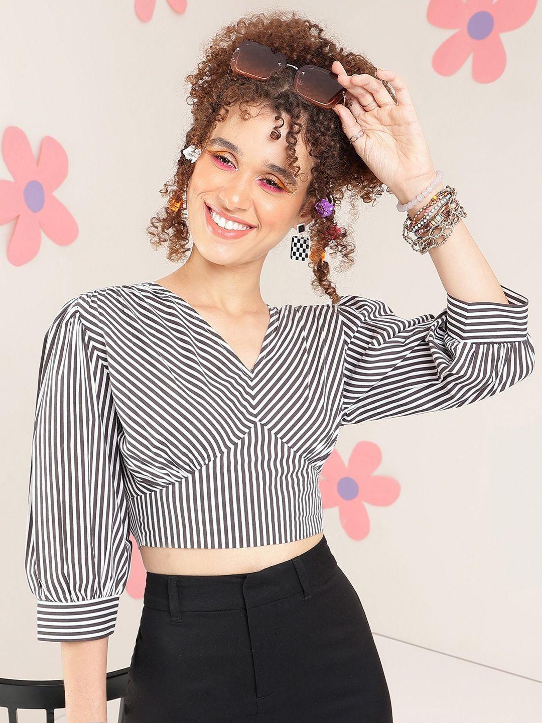 pretty loving thing vertical stripes puff sleeves v-neck cotton wrap crop top