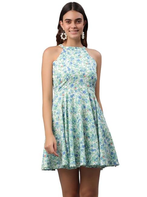 pretty loving thing white & green floral print a line dress