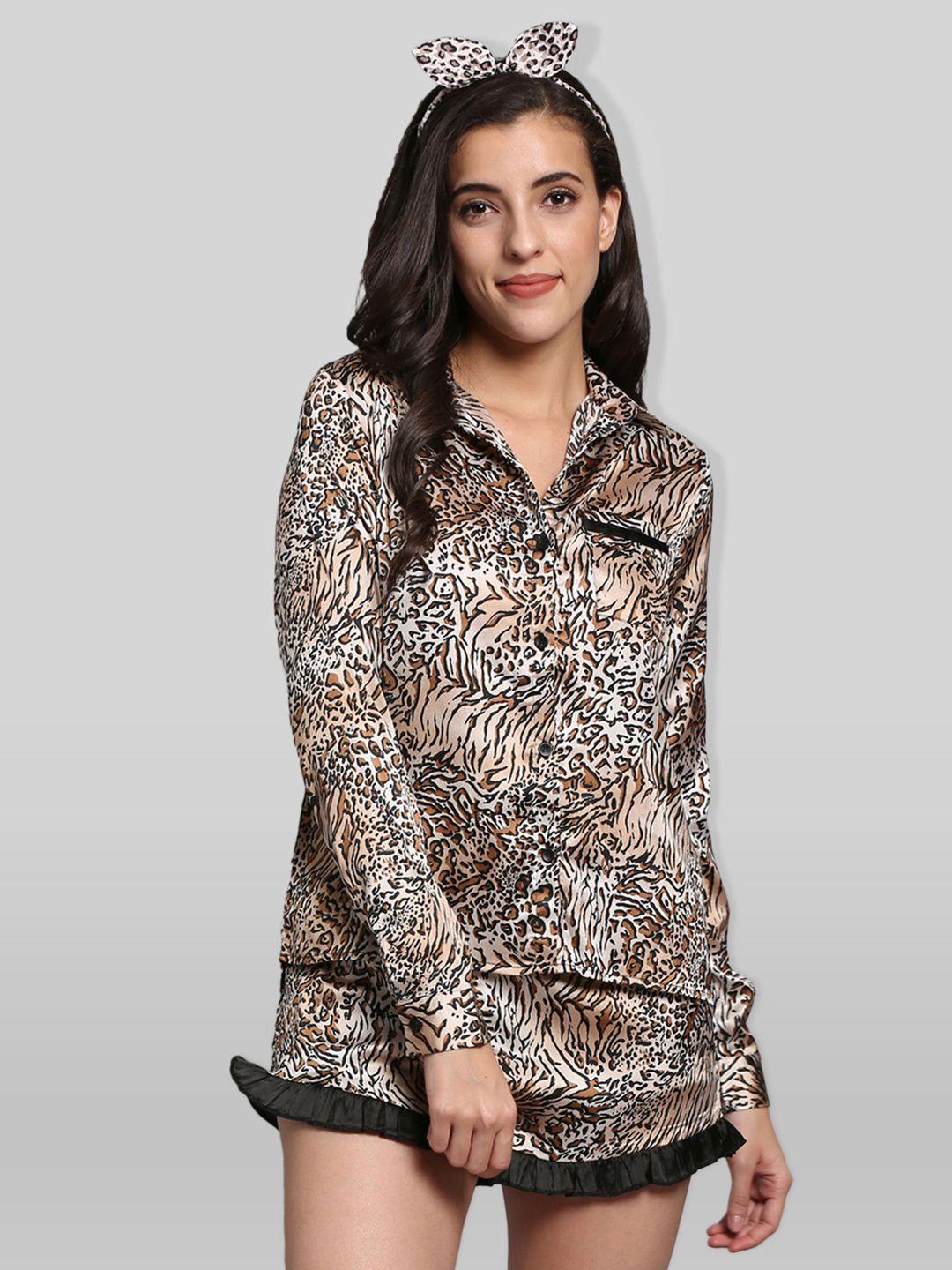 pretty loving thing women brown & black printed night suit