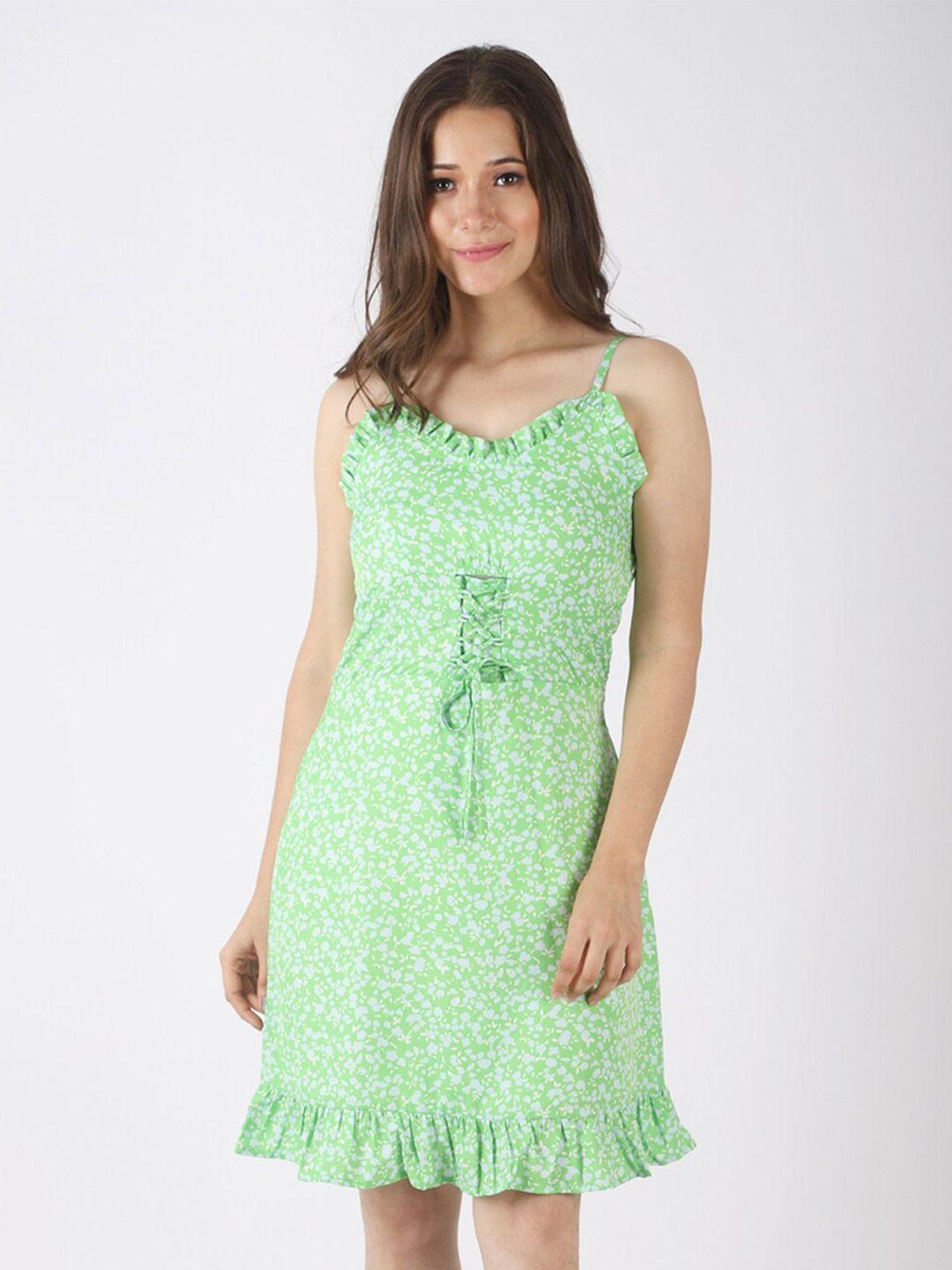 pretty loving thing women green floral printed crepe fit & flare dress