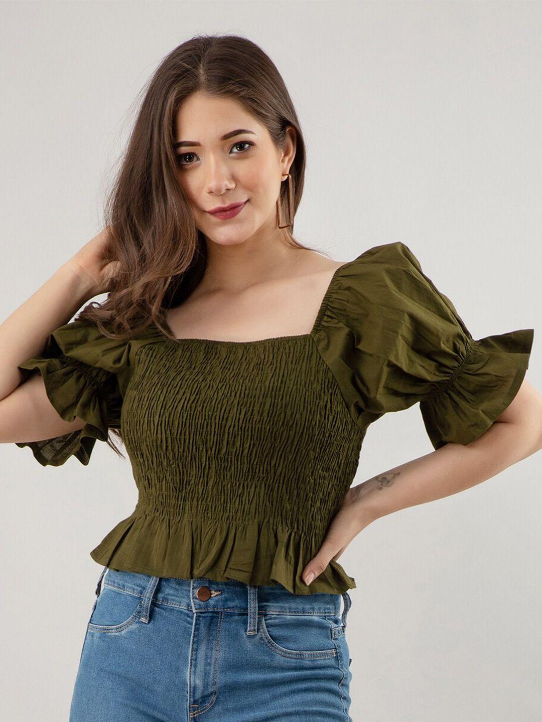 pretty loving thing women olive green smocked cotton crop top