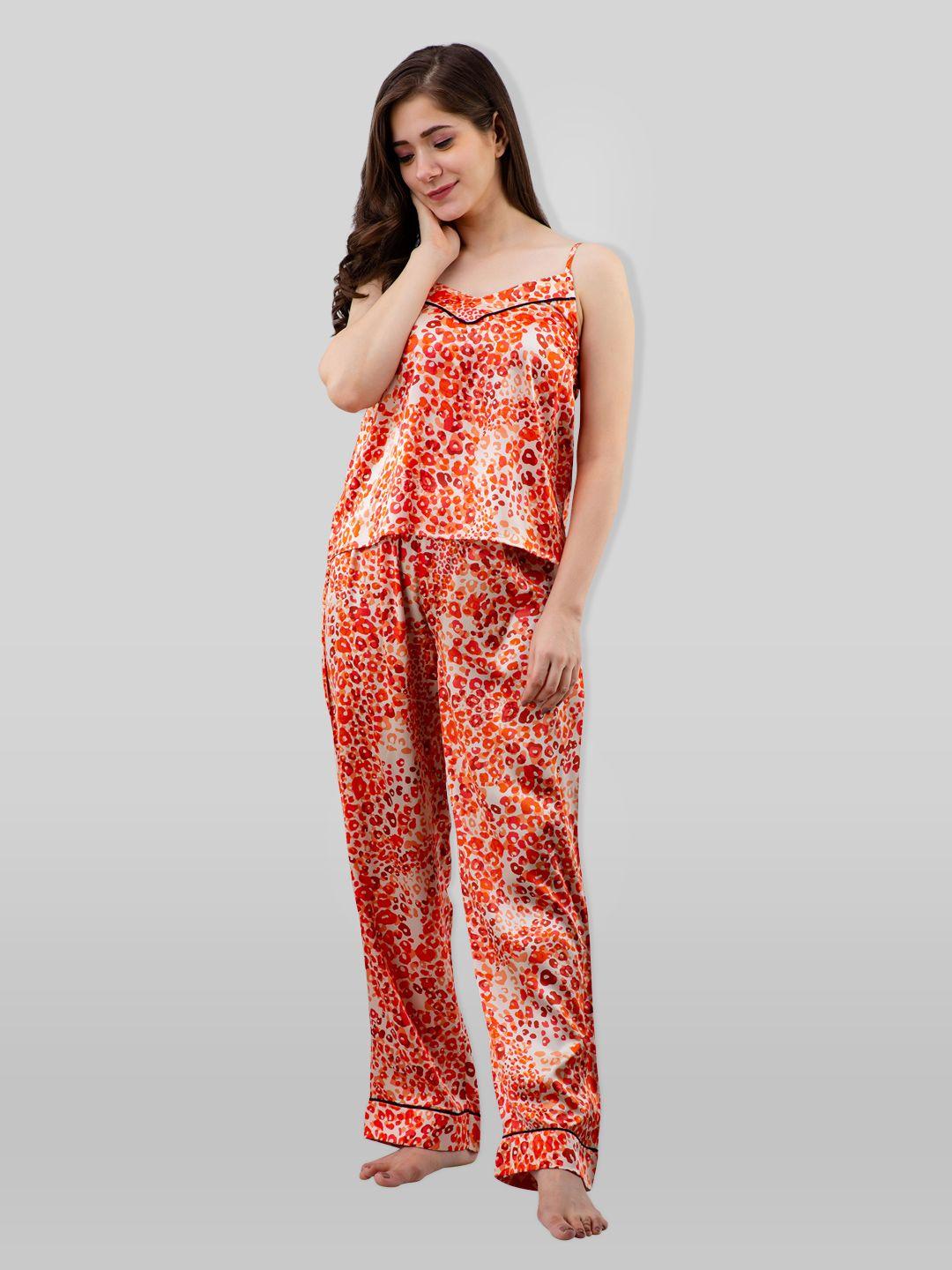 pretty loving thing women orange & white printed satin night suit