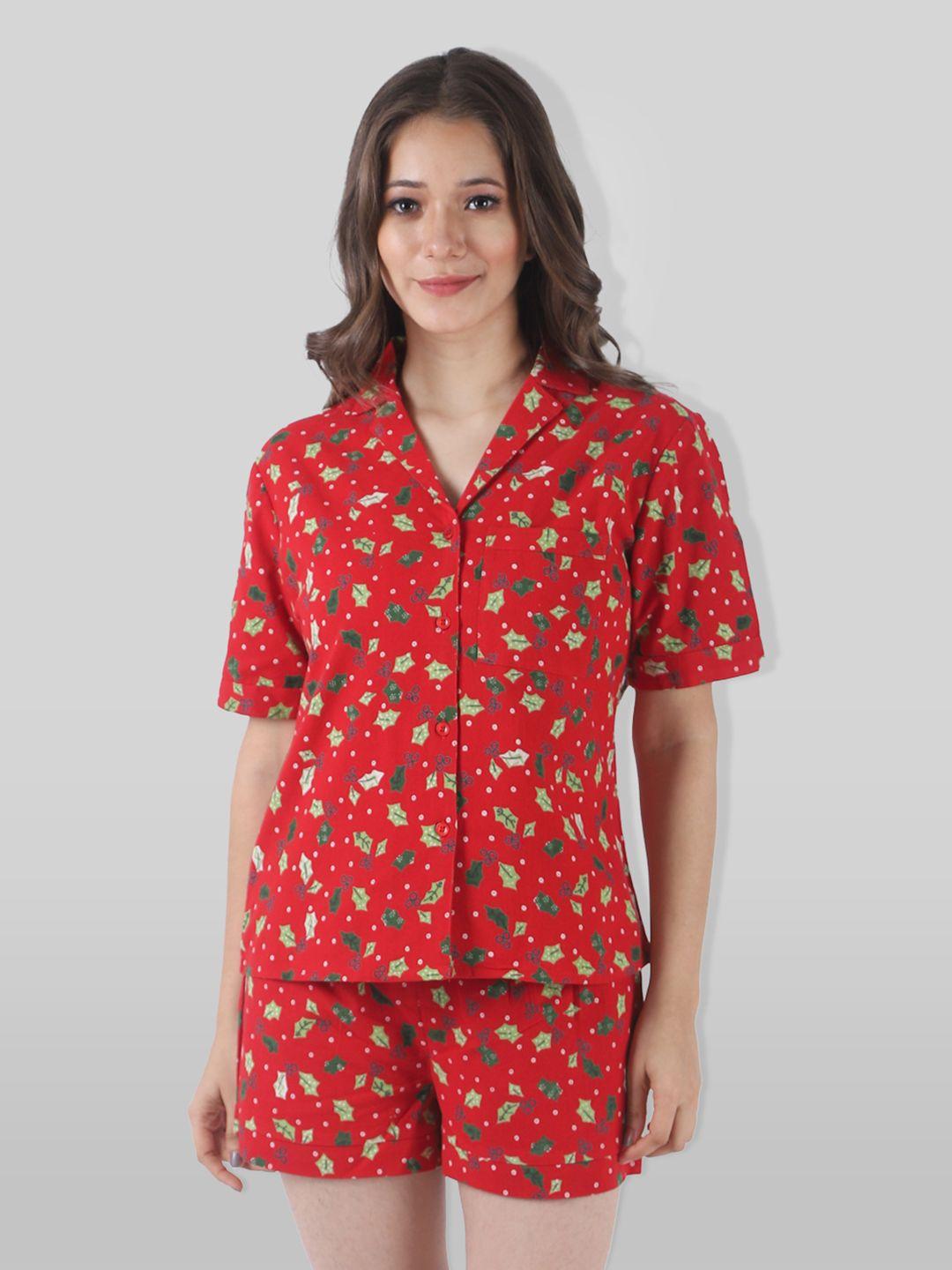 pretty loving thing women red & green printed pure cotton night suit