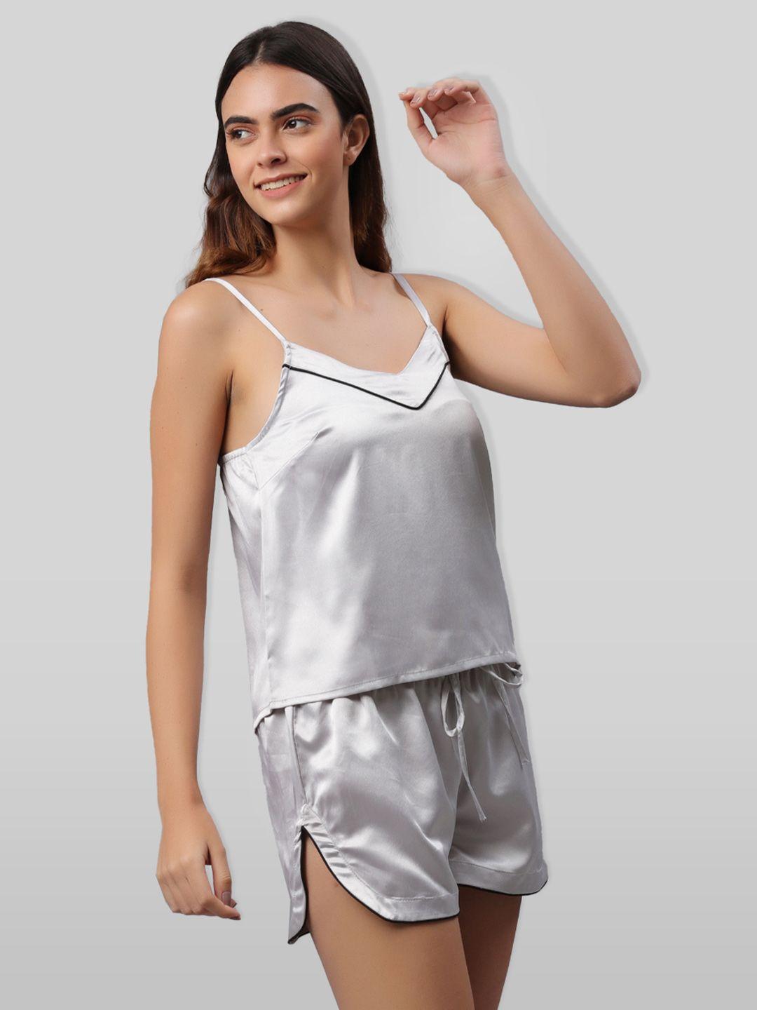 pretty loving thing women silver toned shoulder strap top and shorts satin night suit