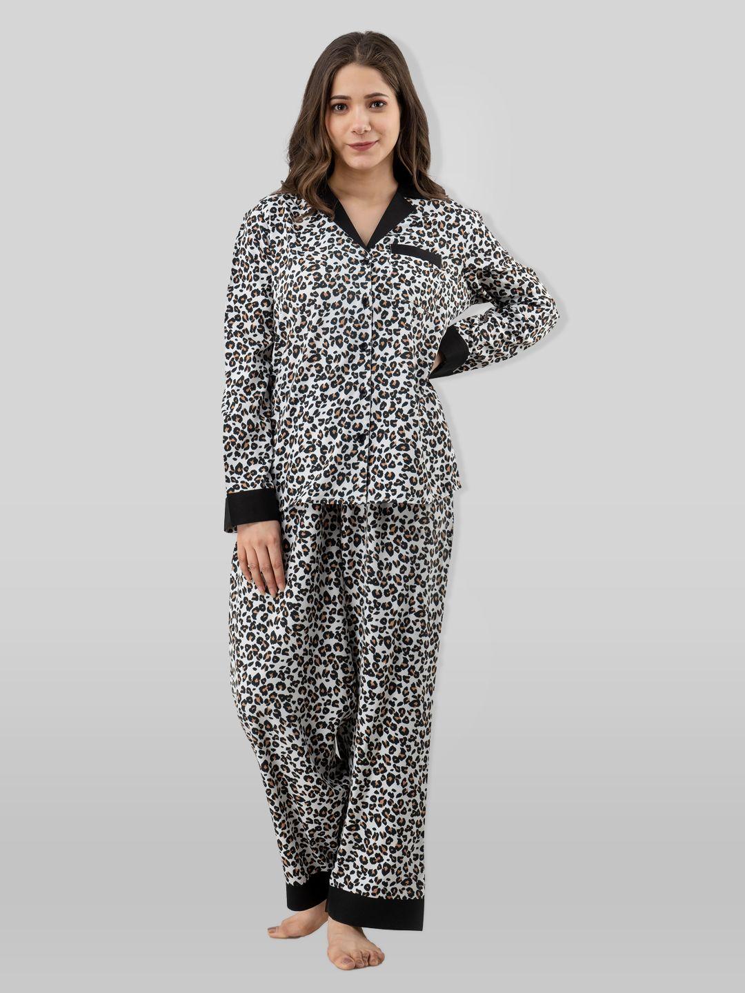 pretty loving thing women white and black animal printed lapel collar night suit