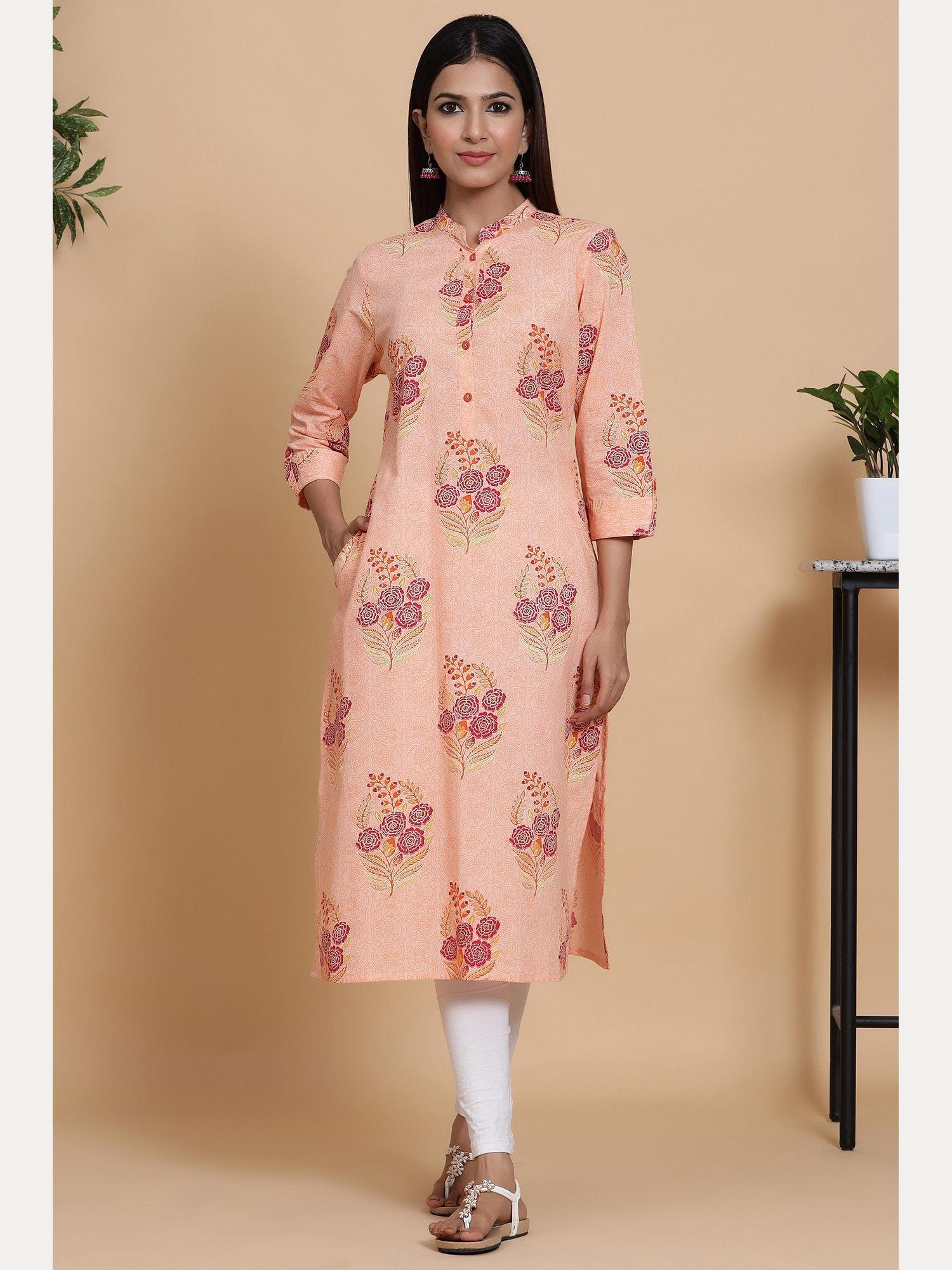 pretty peach rose cotton straight fit kurta