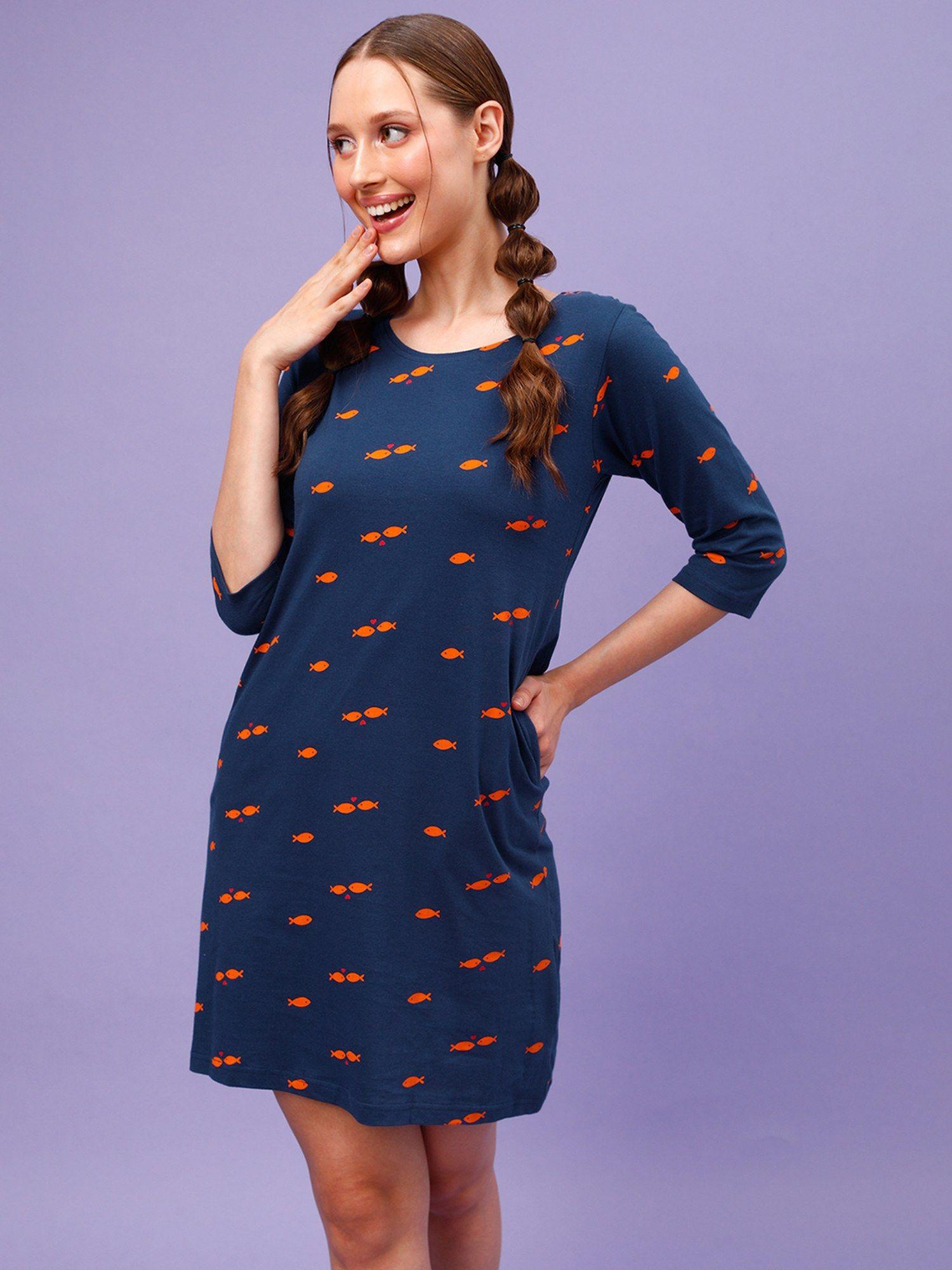 pretty printed short night dress - 100 percent cotton -navy blue