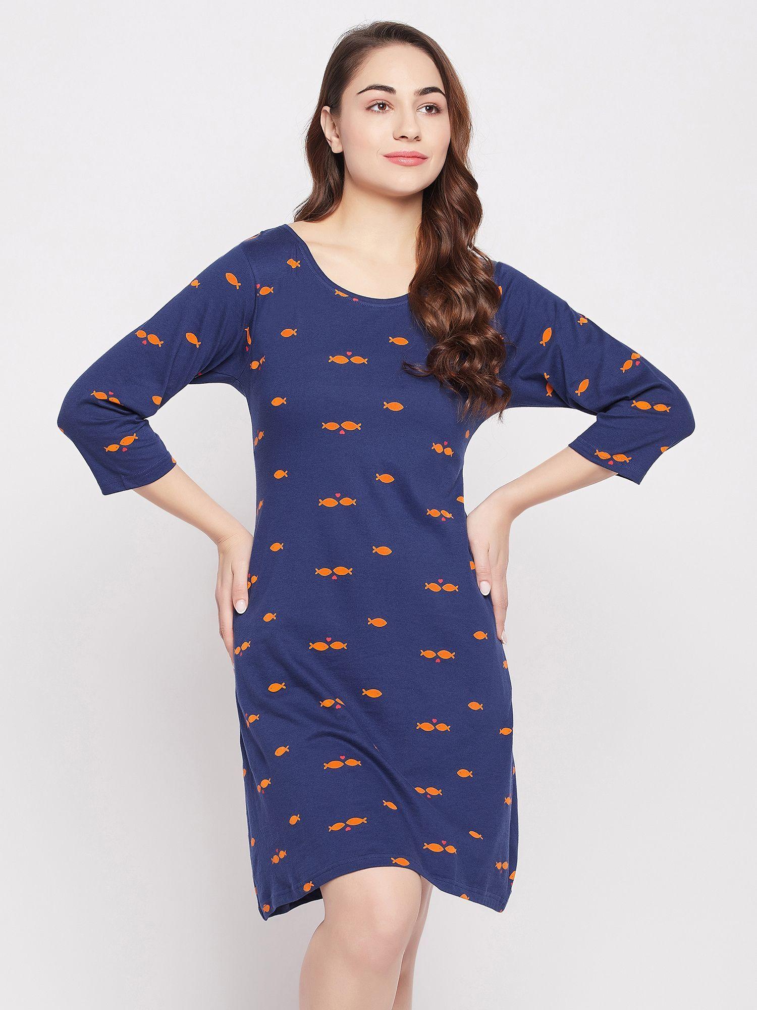 pretty printed short night dress - 100 percent cotton -navy blue