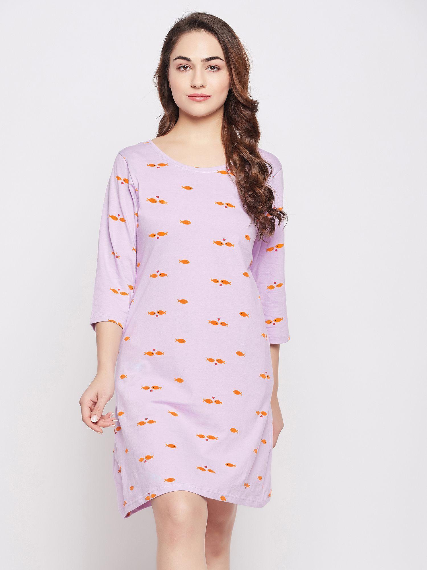 pretty printed short night dress - 100 percent cotton -purple