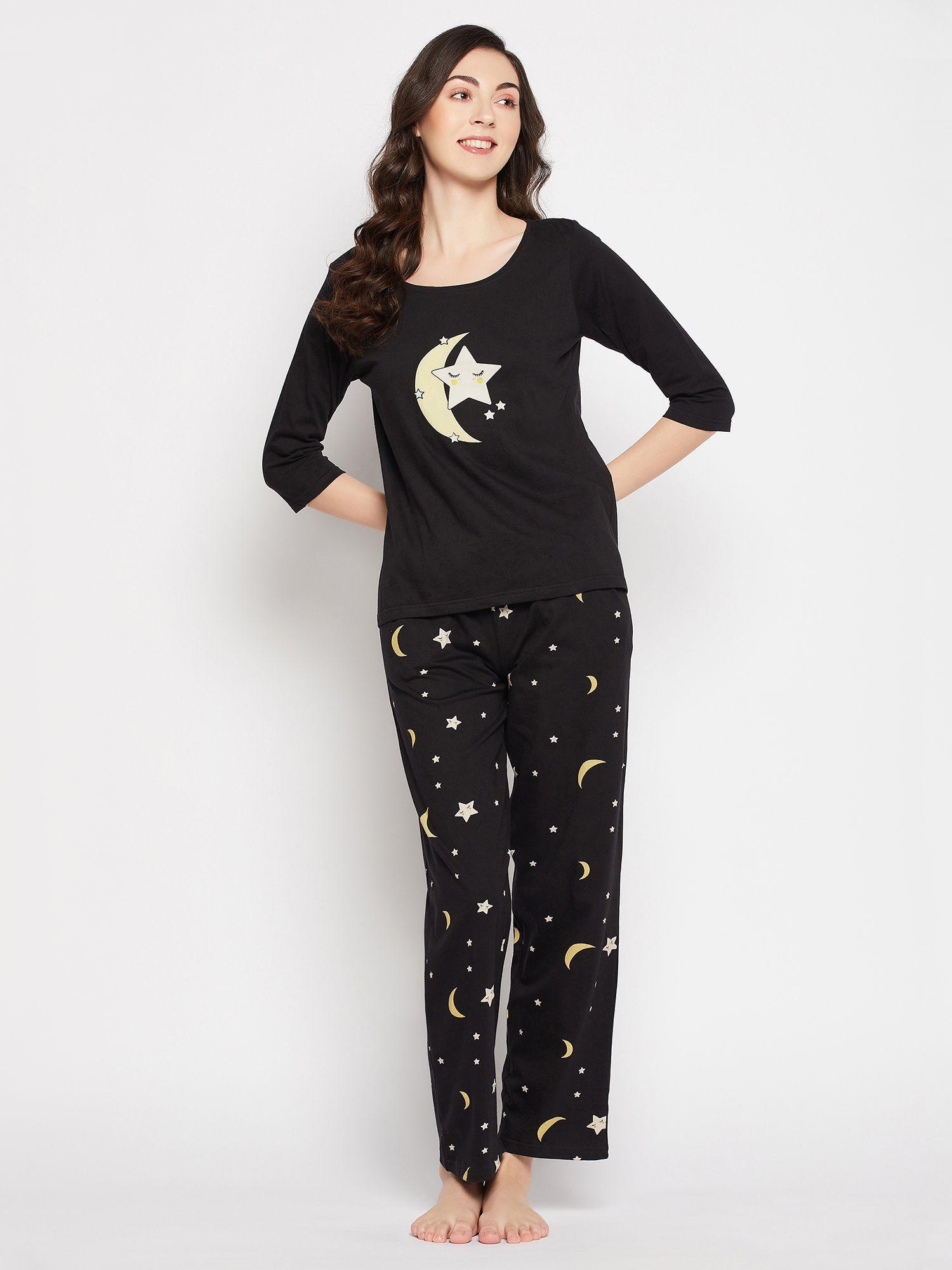 pretty printed top & pyjama set - 100 percent cotton -black
