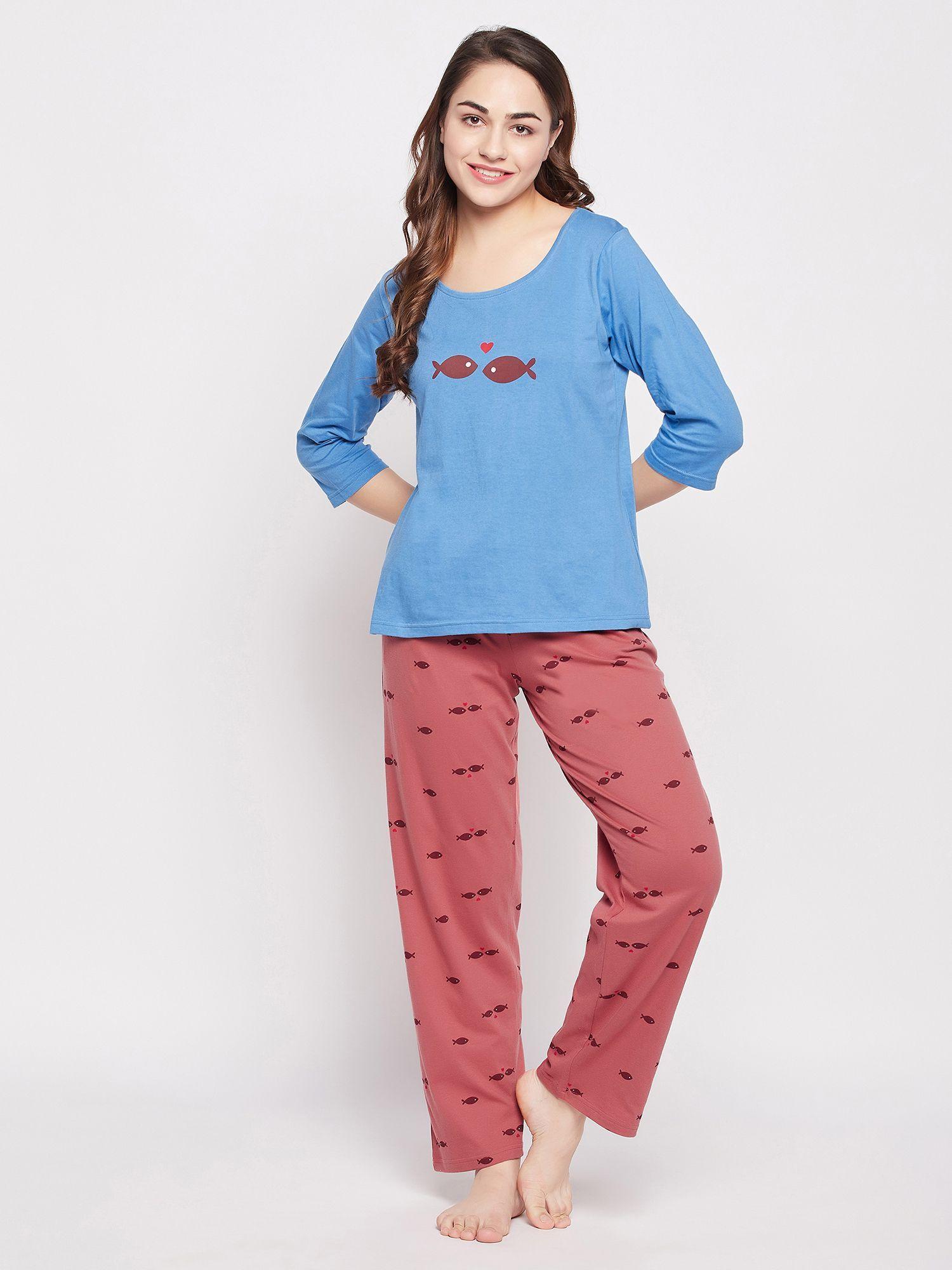 pretty printed top & pyjama set - 100 percent cotton -blue