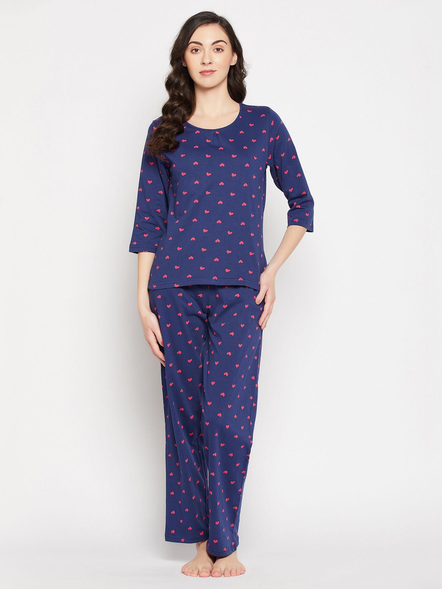 pretty printed top & pyjama set - 100 percent cotton -navy blue