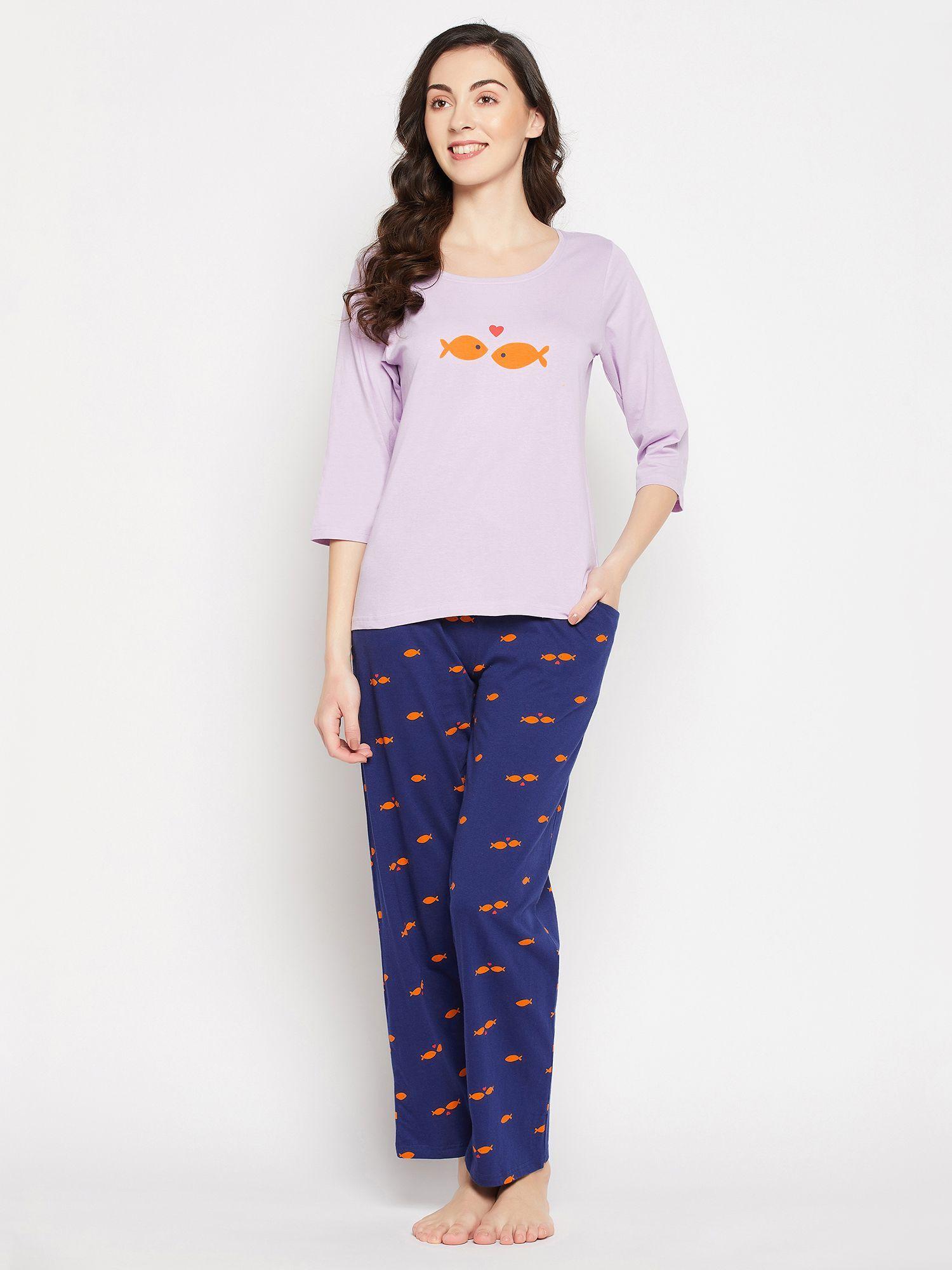 pretty printed top & pyjama set - 100 percent cotton -purple