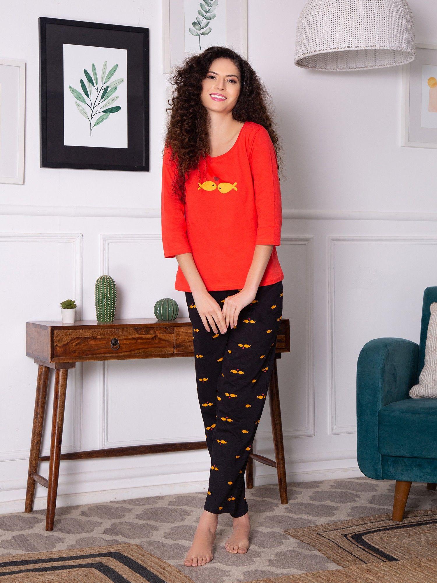 pretty printed top & pyjama set - 100 percent cotton -red