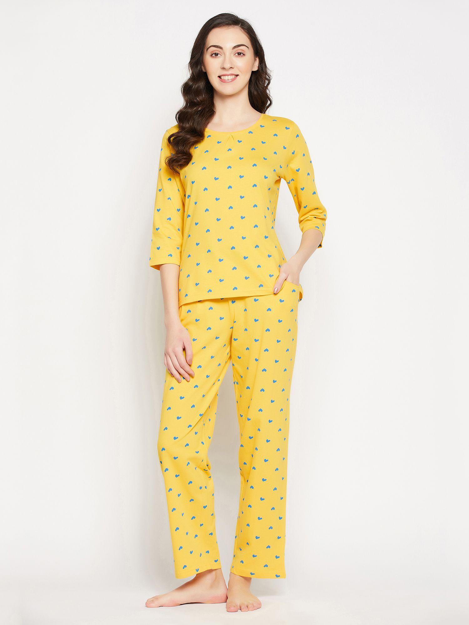 pretty printed top & pyjama set - 100 percent cotton -yellow
