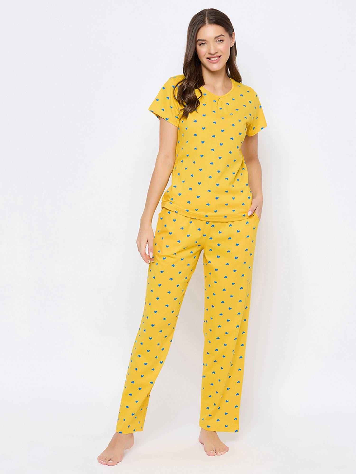 pretty printed top & pyjama set - 100 percent cotton -yellow