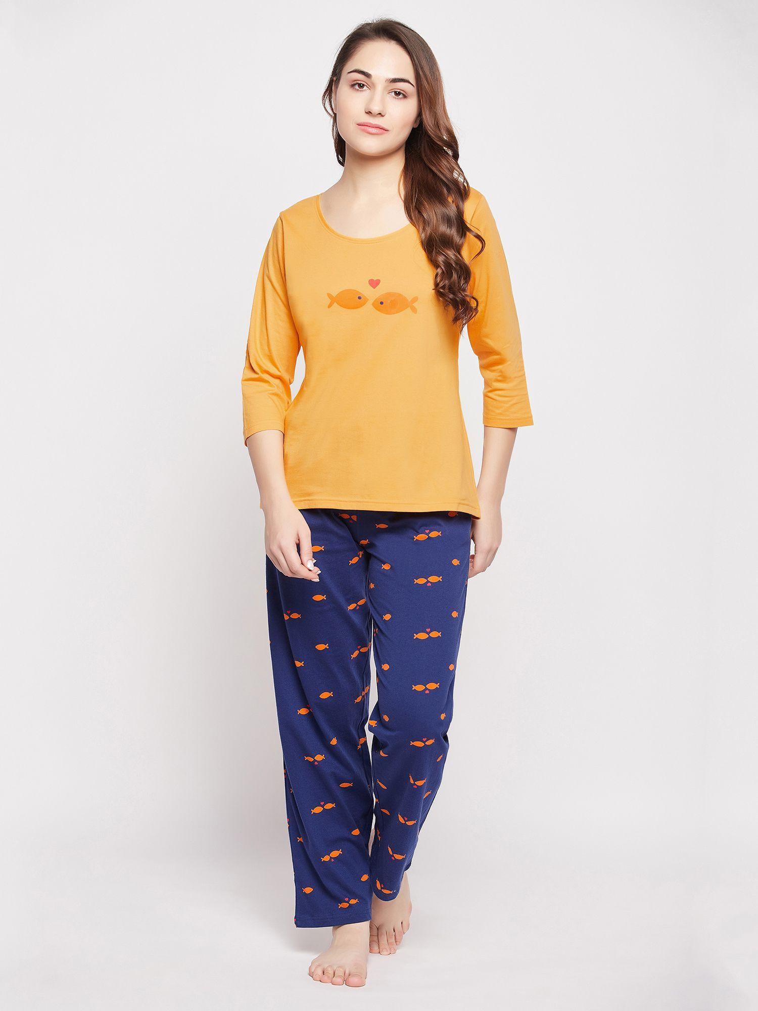 pretty printed top & pyjama set - 100 percent cotton -yellow