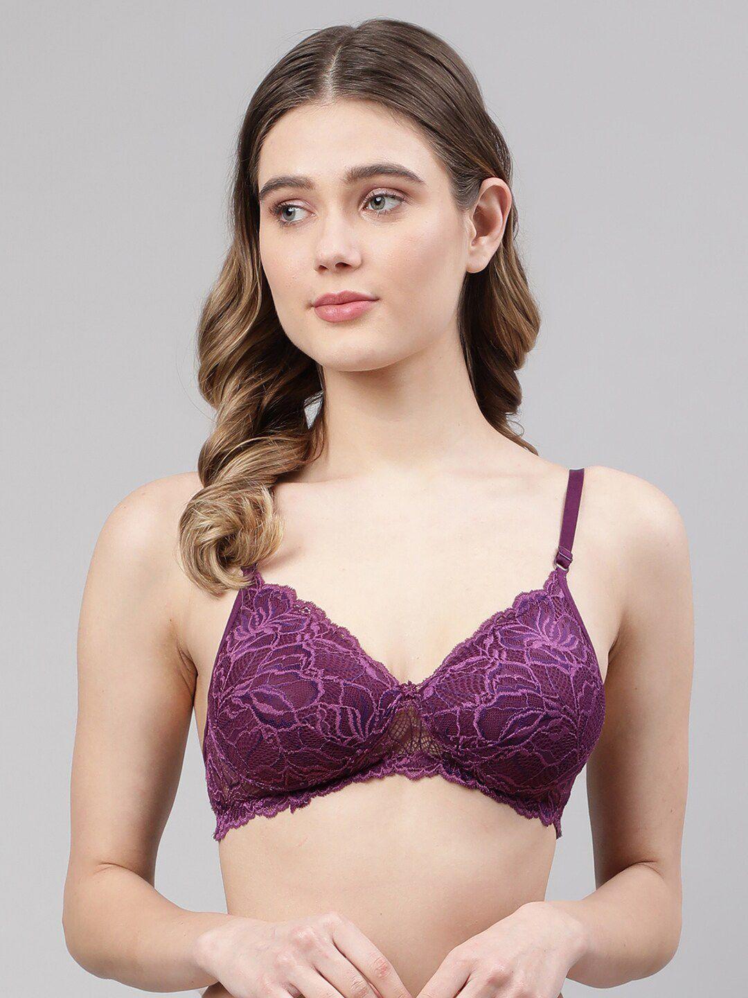 prettycat purple floral lace lightly padded non wired cotton t-shirt bra