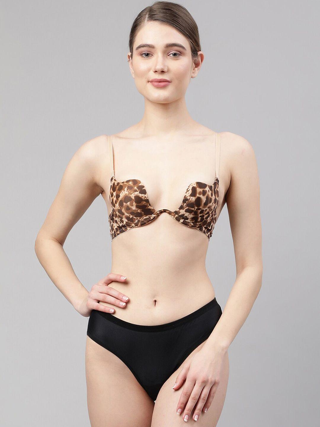 prettycat women brown & black printed push-up lingerie set pc-set-ubra-lep-30a