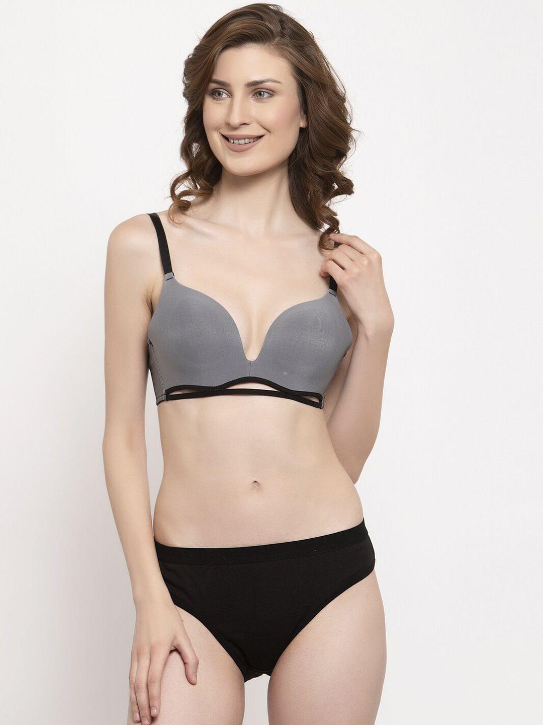 prettycat women grey & black solid lingerie set pc-set-6022