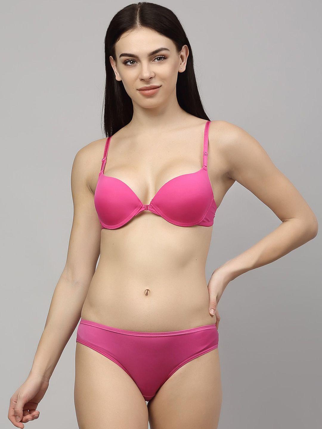 prettycat women pink solid perfect front closure lingerie pc-set-fo-pnk-30b