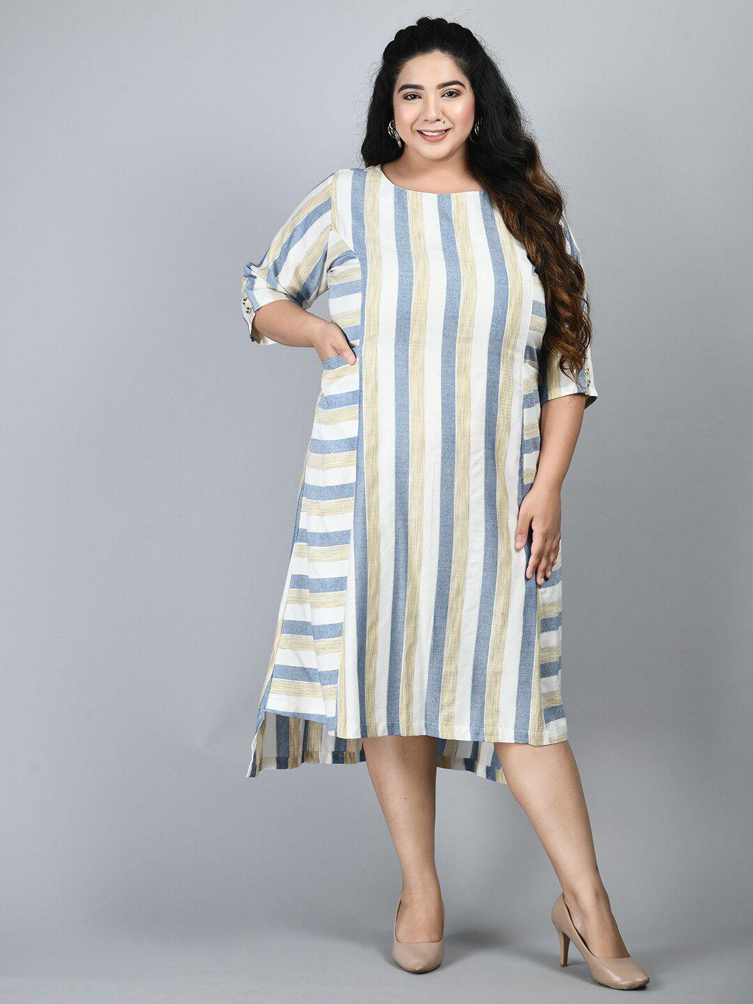 prettyplus by desinoor com plus size blue & white striped a-line midi dress
