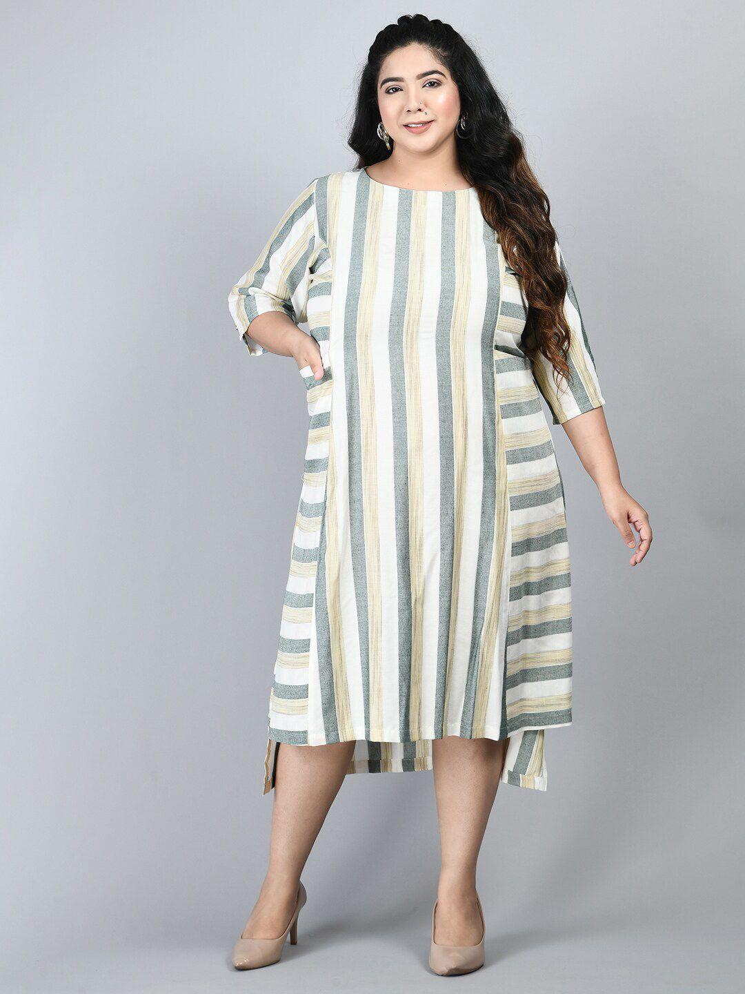 prettyplus by desinoor com plus size green & white striped a-line midi dress