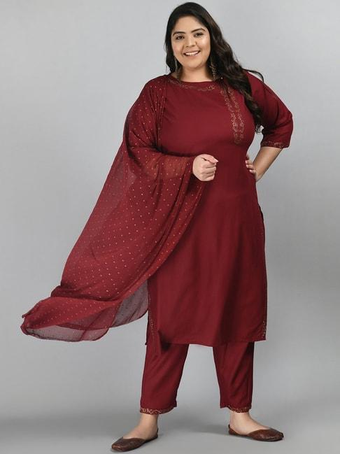 prettyplus by desinoor.com maroon embellished kurta pant set with dupatta